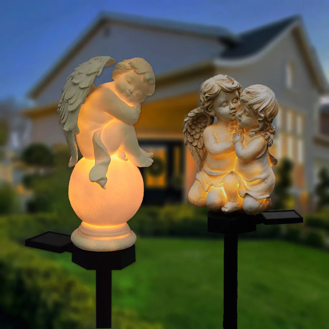 Solar Angel Statue Garden Stake Light Resin Cherub Figurine Waterproof LED Landscape Outdoor Pathway Decor Vintage Yard Sculpture