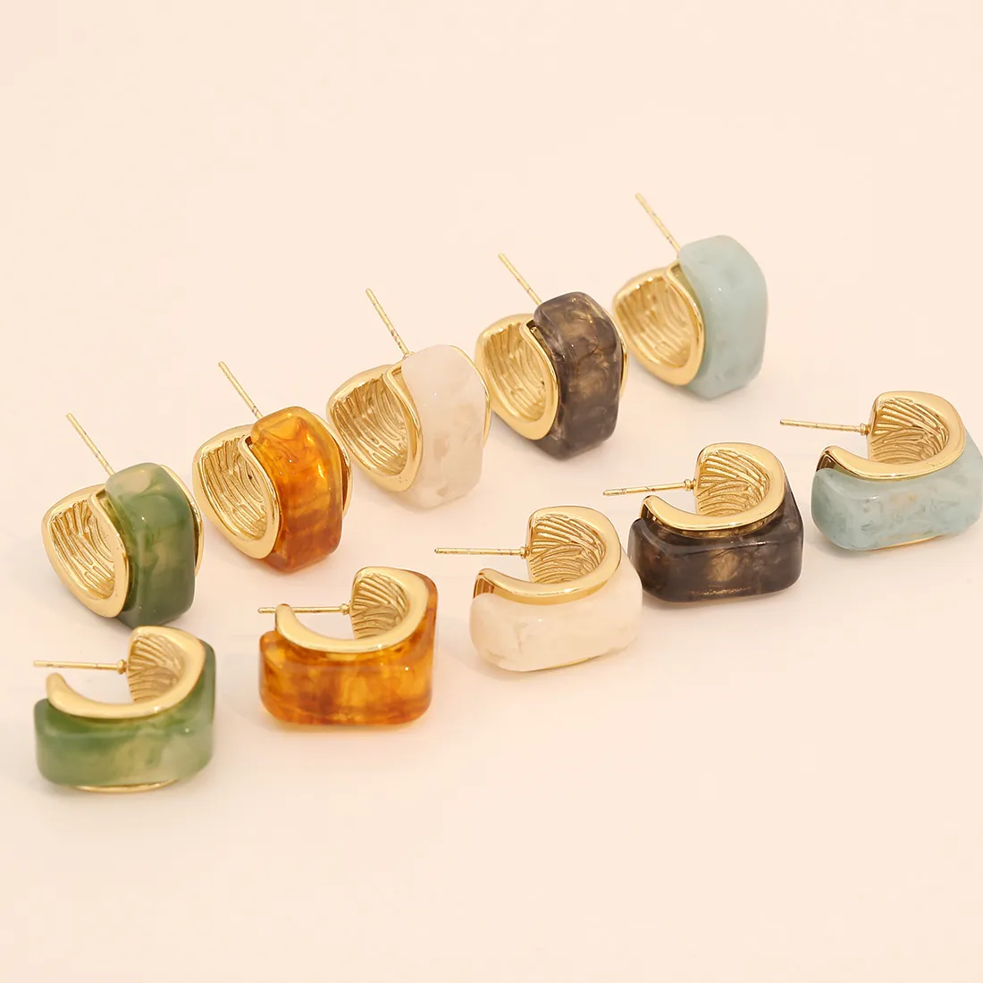Boucles D'Oreilles Vintage En C Acier Inoxydable Résine Marbre Coloré Géométrique Rétro Mode Française Femmes