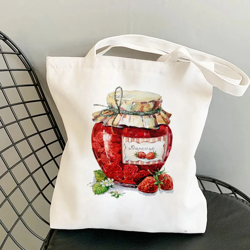 Women Canvas Tote Bag Strawberry Vegetable Print Large Capacity Shoulder Bag Reusable Eco Friendly Shopping Bag Handbag