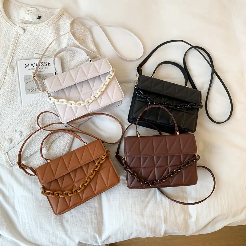 Sac À Bandoulière Matelassé En Losanges Cuir PU Sac À Main Mode Avec Grosse Chaîne Poignée Supérieure Carré Pour Femmes