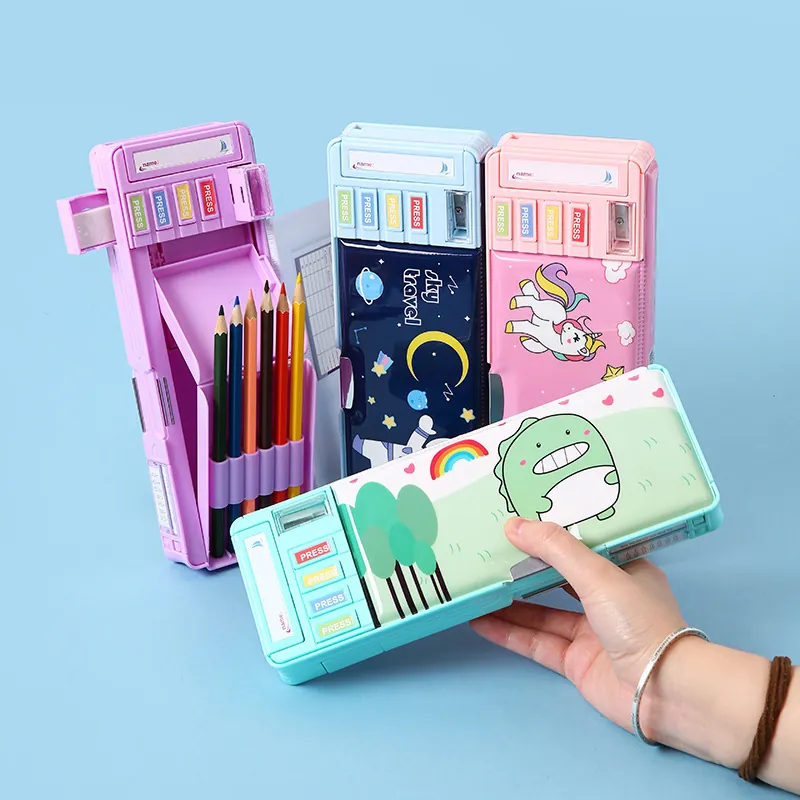 Multifunctional Stationery Case Cute Cartoon Dinosaur Astronaut Double Layer Mechanical Sharpener Organizer For Kids