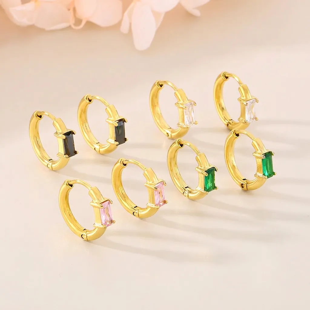 Boucles d'Oreilles Créoles Minimalistes en Acier Inoxydable avec Verre Carré pour Femme Mode Géométrique Or Argent Plaqué Huggie