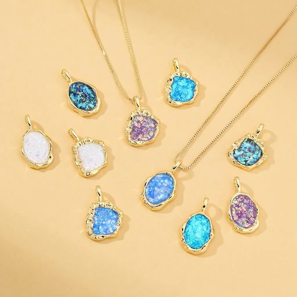 Irregular Geometric Pendant 18K Gold Plated Copper Synthetic Opal Inlay DIY Jewelry Accessories For Women Fashion Minimalist