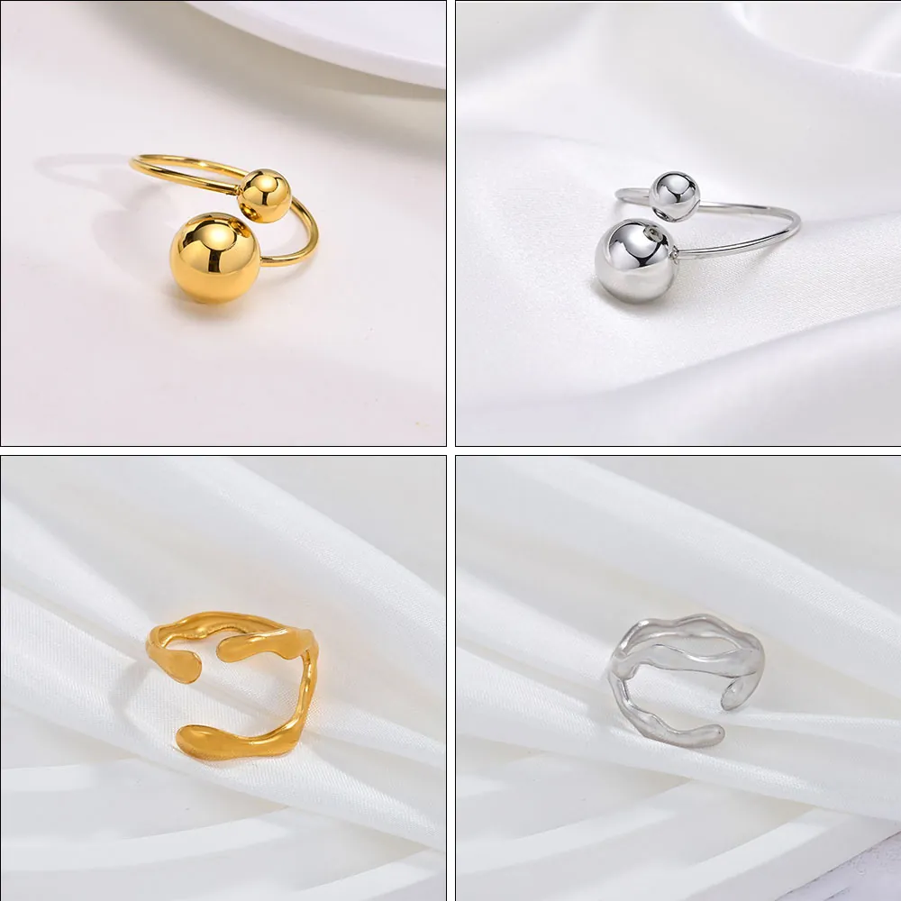 Stainless Steel Adjustable Open Ring Irregular Geometric Heart Water Drop Gemstone Inlaid Minimalist Fashion Jewelry
