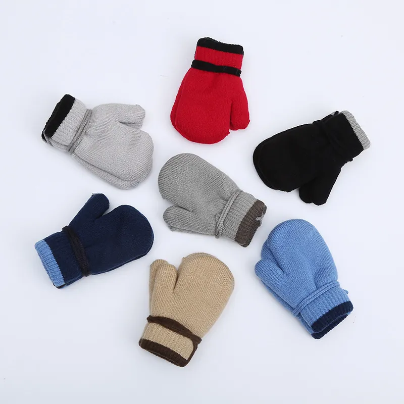 Toddler Mittens Knitted Faux Cashmere Mohair Lining Hanging Neck Rope Thickened Warm Color Block Cartoon Cat Winter