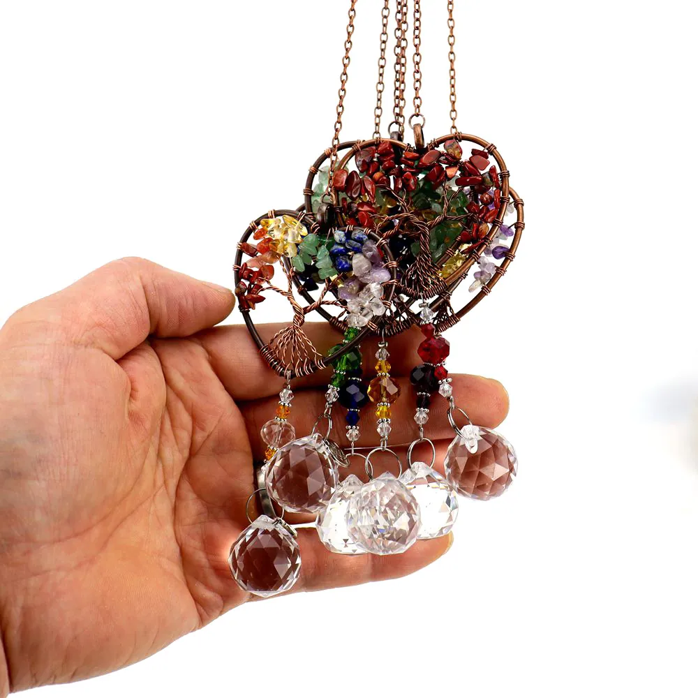 Heart Tree Of Life Suncatcher Natural Crushed Stones Faceted Crystal Ball Prism Hanging Ornament Garden Home Decor