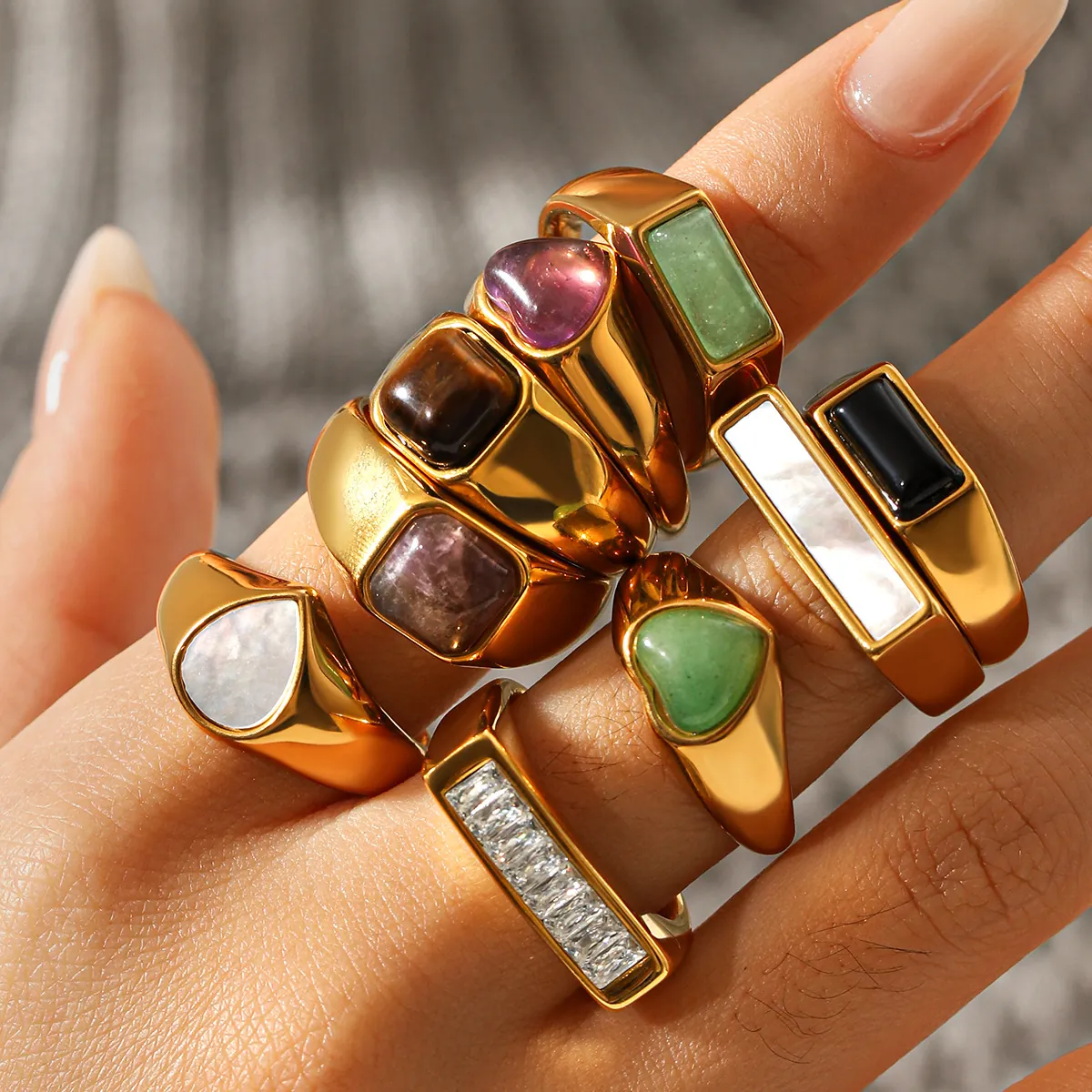 Vintage Natural Stone Stainless Steel Ring 18K Gold Plated Geometric Wide Band Jewelry For Women Minimalist Waterproof