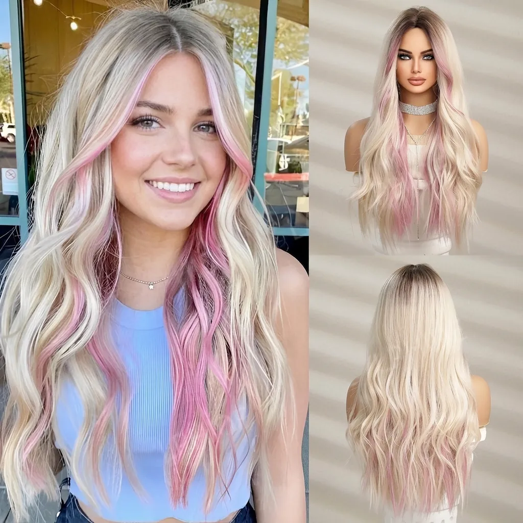 Long Wavy Wig Synthetic High Temperature Fiber Ombre Blonde Pink Middle Part Heat Resistant For Women Cosplay Daily