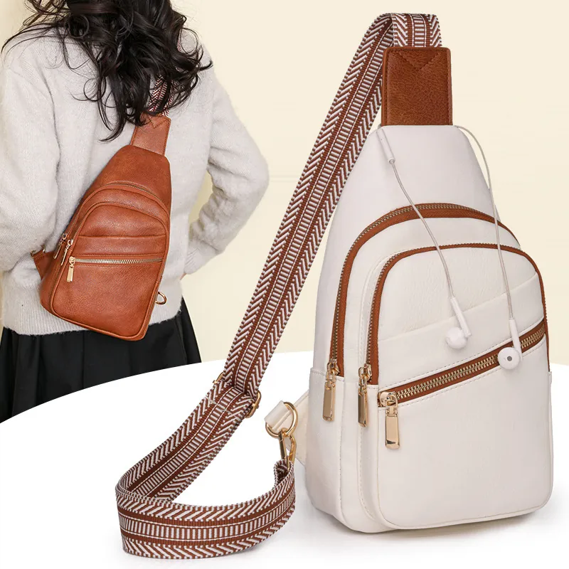 Women Chest Bag PU Leather Crossbody Sling Bag Retro Fashion Wide Geometric Strap Multi Zipper Casual Outdoor Travel