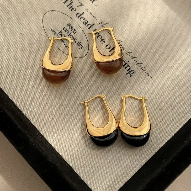 French Retro Copper U Shape Hoop Earrings Brown Black Resin Minimalist Maillard Style Earrings For Women Jewelry Gift