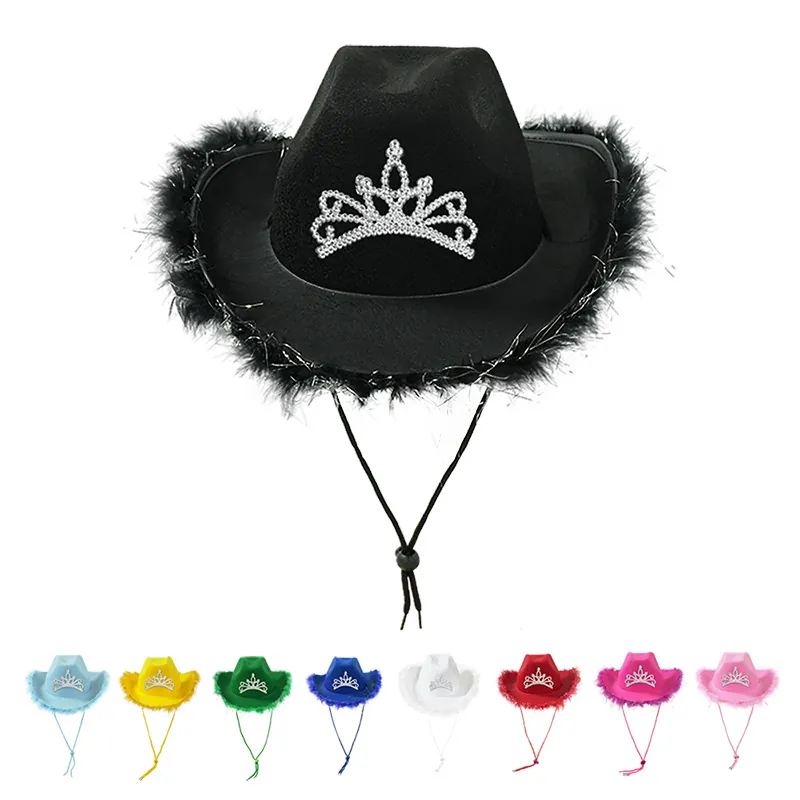 Western Cowboy Hat With Rhinestone Tiara Crown Feather Trim Polyester Felt Wide Brim Party Costume Adjustable Drawstring