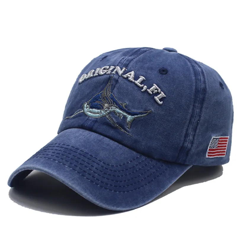 Vintage Washed Cotton Baseball Cap Men Women Shark Embroidery Adjustable Duck Tongue Distressed Retro Snapback Sun Hat