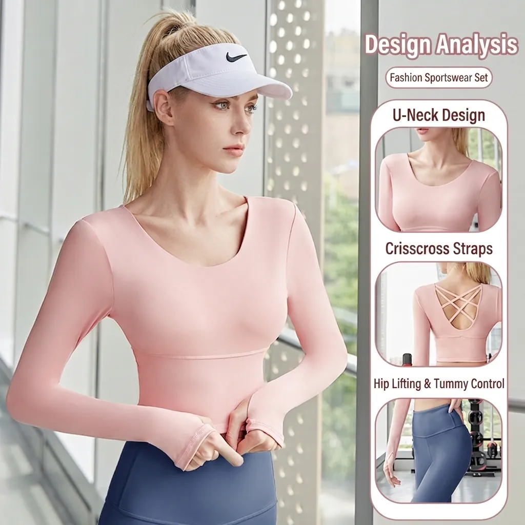 Damen High Intensity Yoga Top Langarm Rückenfrei Überkreuzter Rücken Fitness Gym Shirt Einfarbig Schnelltrocknend Sportbekleidung