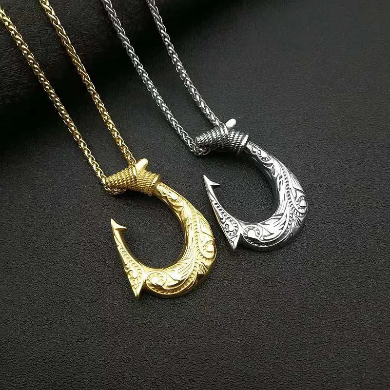 Fish Hook Pendant Necklace Titanium Steel Gold Plated Vintage Engraved Nordic Viking Hip Hop Jewelry For Men Women