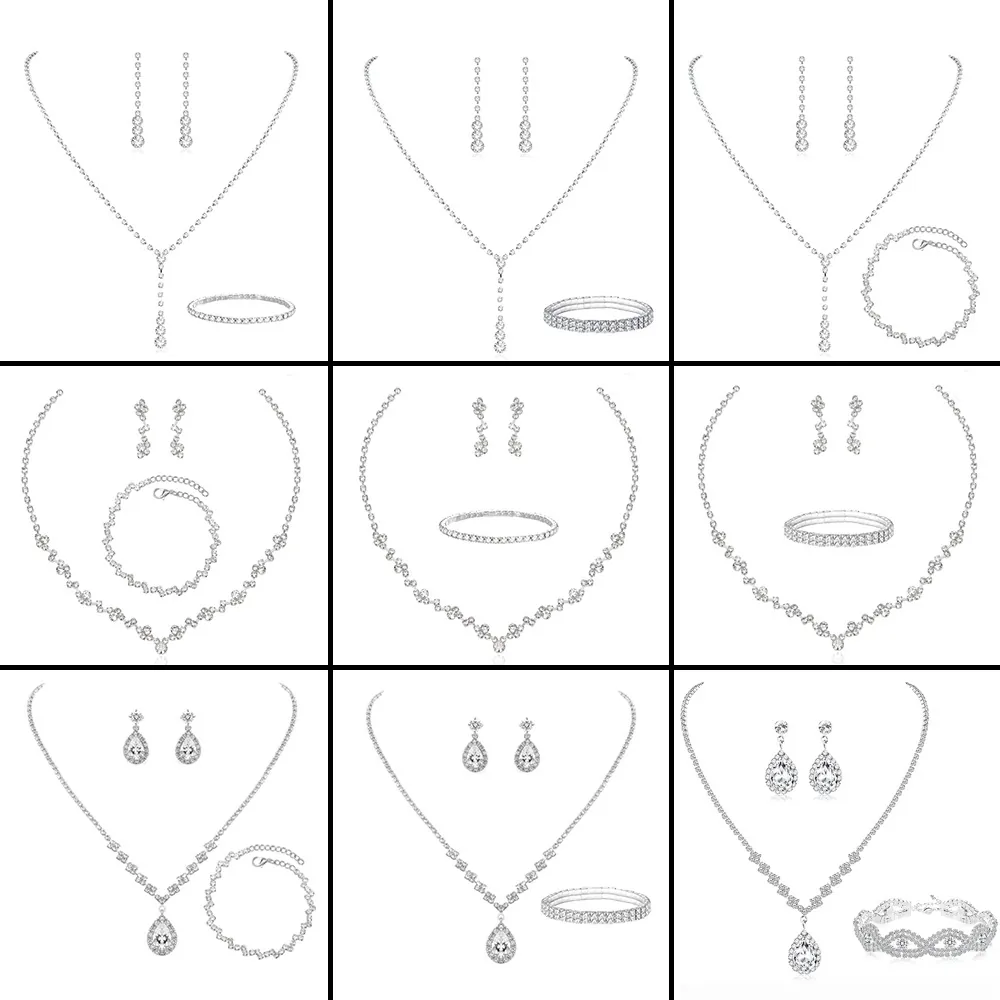 Bridal Jewelry Rhinestone Zircon Waterdrop Necklace Earrings Bracelet With Stainless Steel Earring Post Wedding Party
