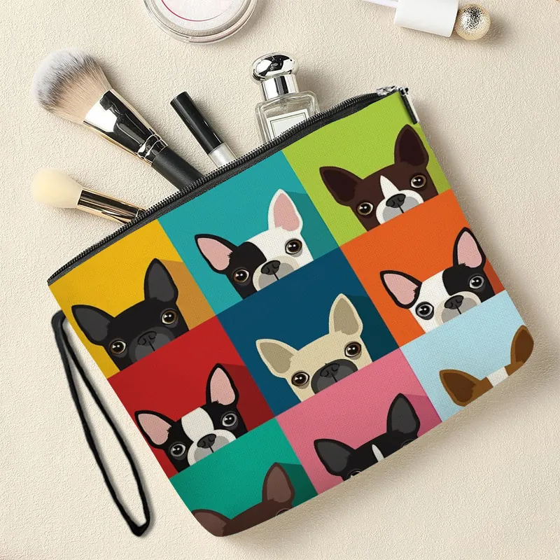 French Bulldog Print Makeup Bag Colorful Grid Pop Art Cosmetic Pouch Portable Travel Toiletry Organizer With Wrist Strap