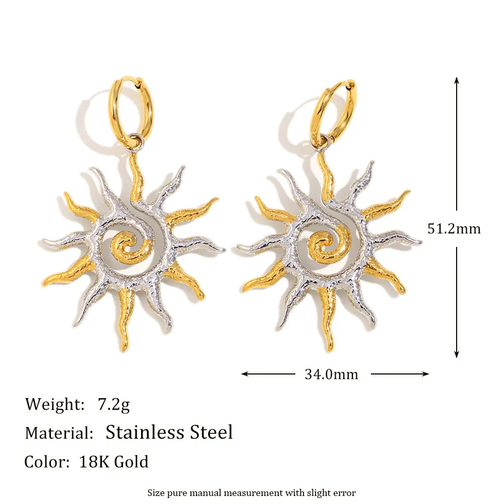 Sonnen Ohrhänger Edelstahl 18K Vergoldet Spirale Gehämmert Bicolor Vintage Boho Für Damen