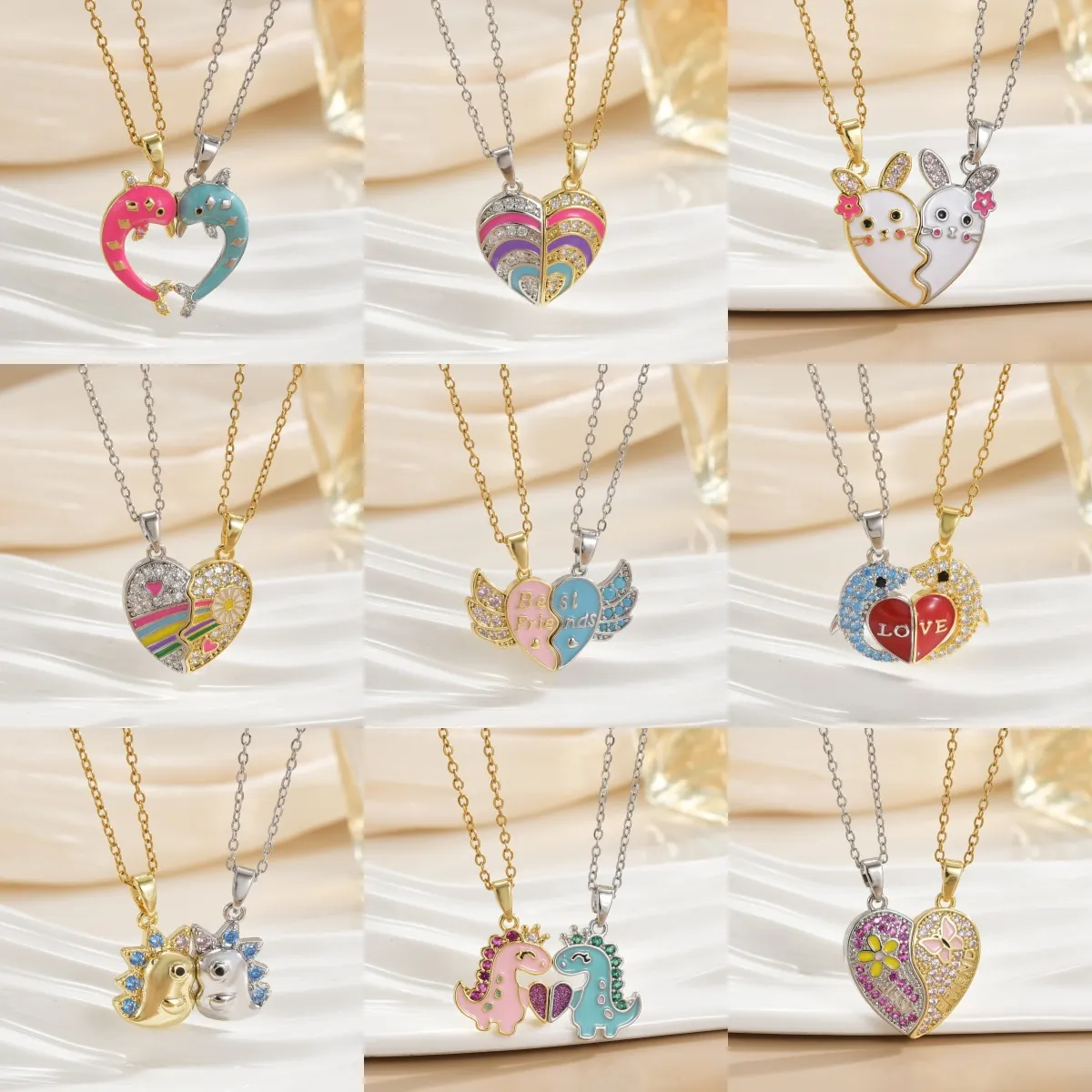 Magnetic Heart Splicing Necklace Copper Gold Plated Enamel Rhinestone Best Friends Friendship Jewelry For Women Girls