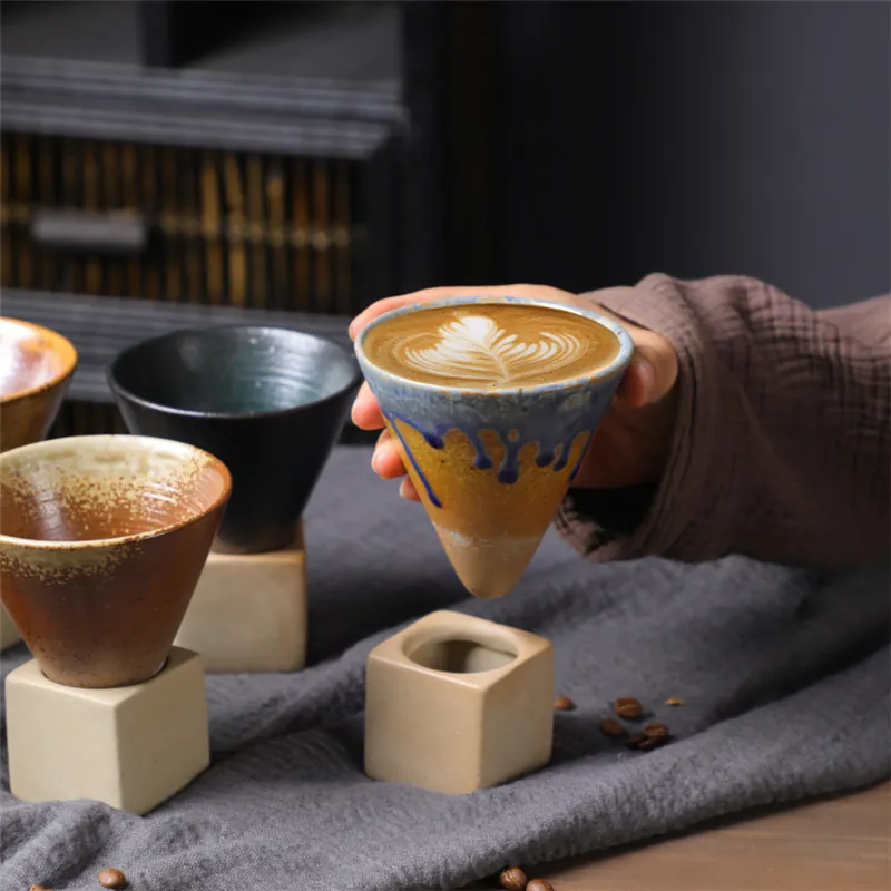 Ceramic Coffee Cup With Base Conical Funnel Shape Coarse Pottery Japanese Retro Reactive Glaze Handmade Espresso Tea Mug