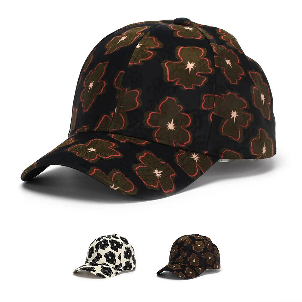 Floral Print Baseball Cap Polyester Panelled Curved Brim Sun Protection Adjustable Hat Outdoor Casual Retro Style