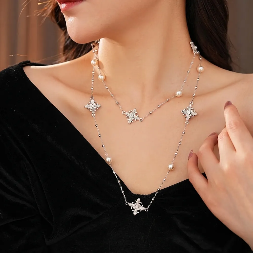 Collier Double Rang Alliage Imitation Künstliche Perle Strass Pendentifs Croix Fleur Rétro Français Chaîne Longue Bijoux Femmes