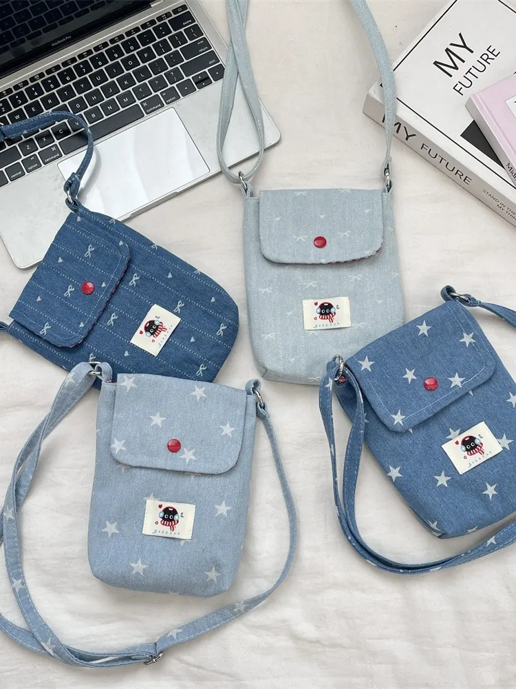 Denim Crossbody Telefoontasje Katoen Mini Klep Ster Boog Prints Verstelbare Riem Cartoon Patch Casual Accessoire