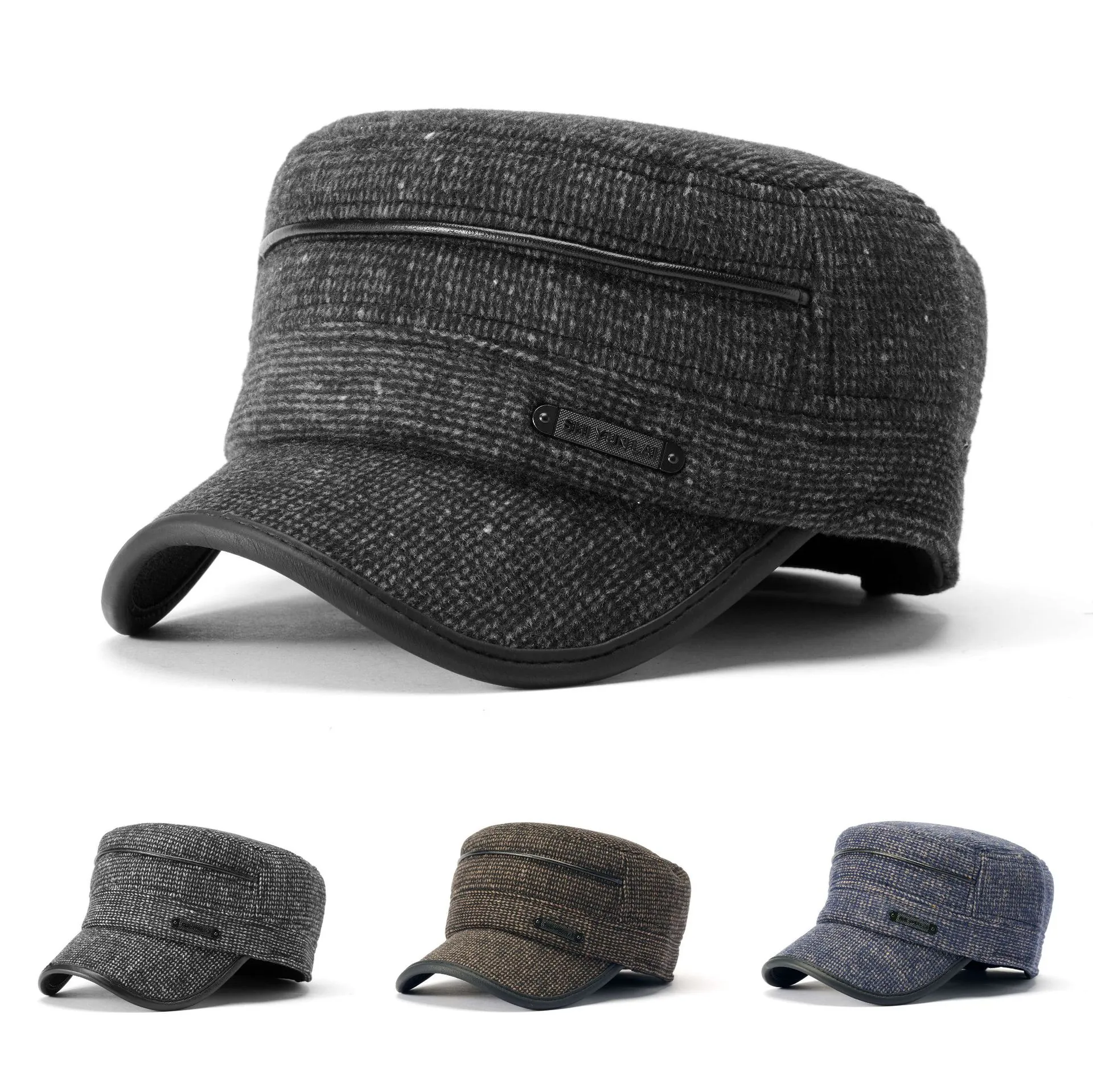 Cappello Cadet Uomo Inverno Berretto Piatto Caldo Trama Tweed Finiture In Pelle Stile Militare Per Anziani
