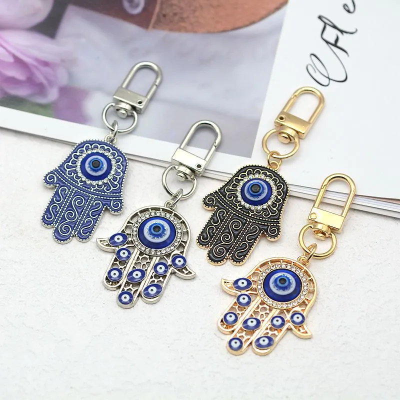 Vintage Hamsa Hand Evil Eye Keychain For Women Men Alloy Rhinestone Enamel Blue Eye Pendant Key Ring Bag Hanging Jewelry