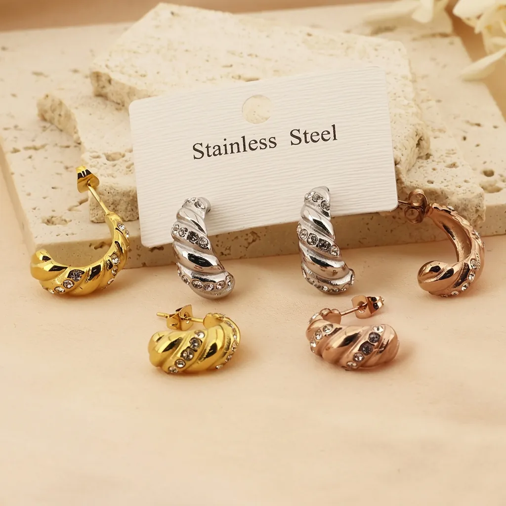 Orecchini A C Intrecciati Placcati Oro 18k Acciaio Inossidabile Strass Scintillanti Gioielli Vintage Francesi Donna