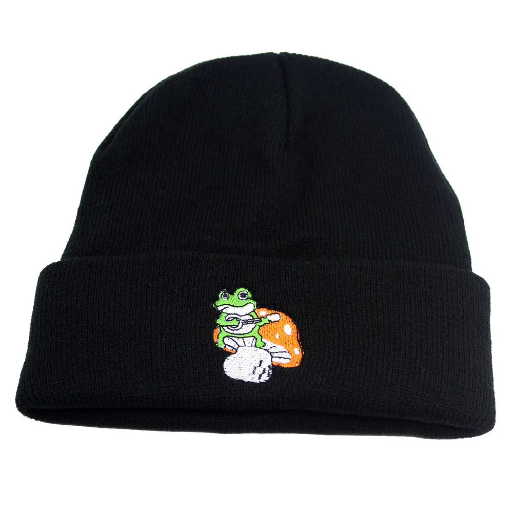 Frog Mushroom Embroidered Knitted Beanie Hat For Women Men Winter Warm Acrylic Cuff Cold Hat Streetwear Hip Hop Outdoor Accessory