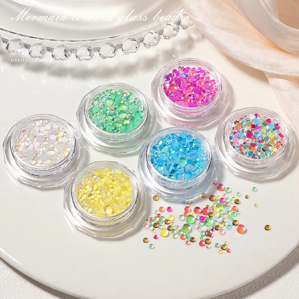 Iridescent Mermaid Bubble Glass Beads Mixed Sizes Nail Art Decorations For Manicure DIY Aurora Artificial Pearl Luster