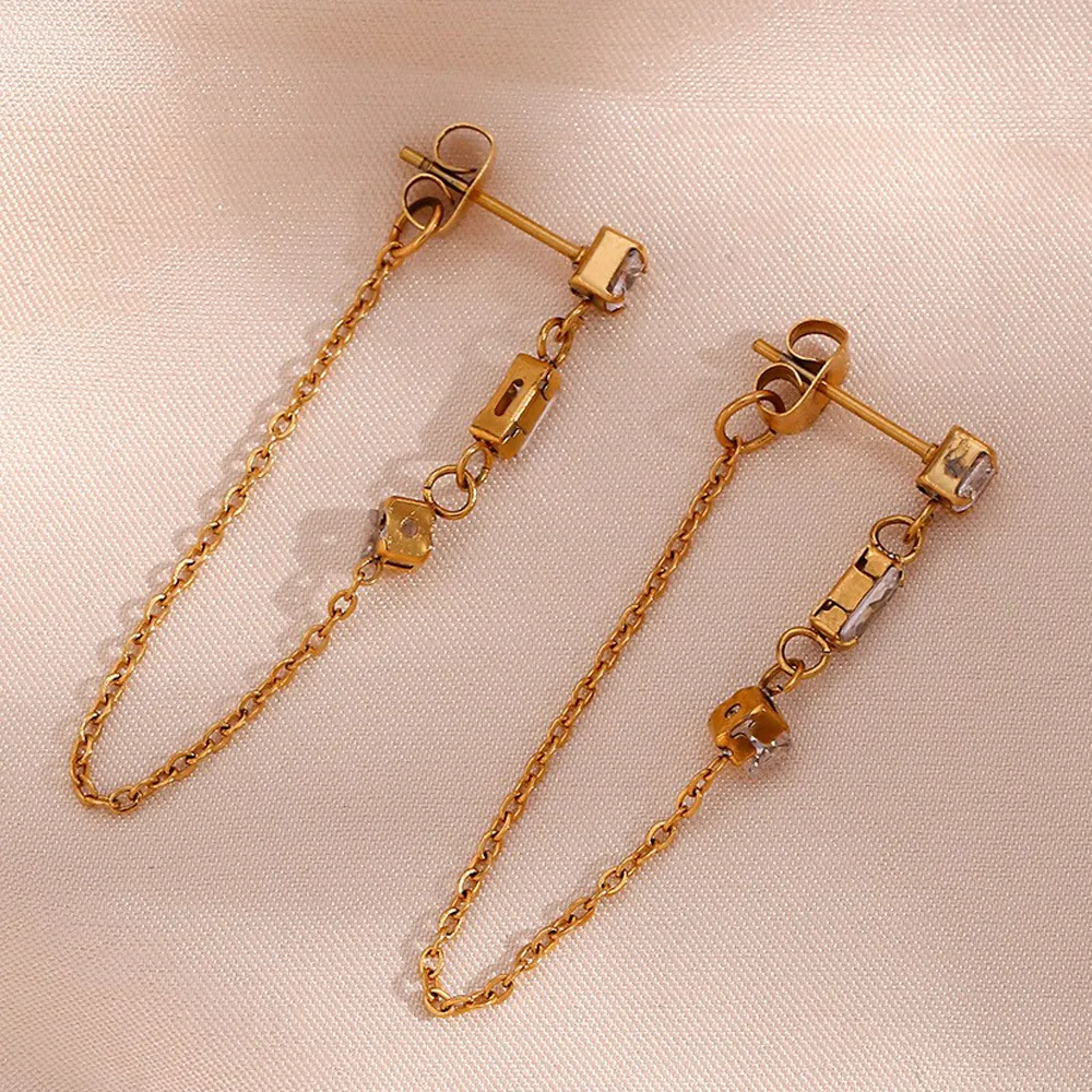 Stainless Steel Zirconia Geometric Round Heart Square Chain Drop Earrings Gold Plated Tassel Fashion Jewelry For Women