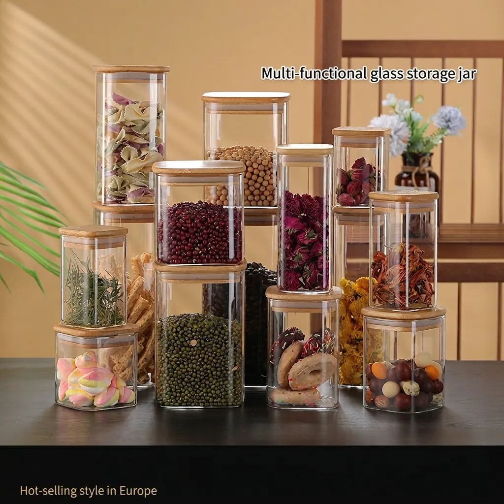 Glass Storage Jar Clear High Borosilicate With Bamboo Lid Airtight Kitchen Food Container For Grains Tea Coffee Beans