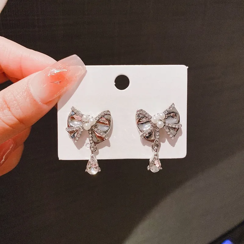 Bowknot Drop Earrings Alloy Rhinestone Faux Artificial Pearl Crystal With 925 Sterling Silver Earring Post Elegant Style For Women