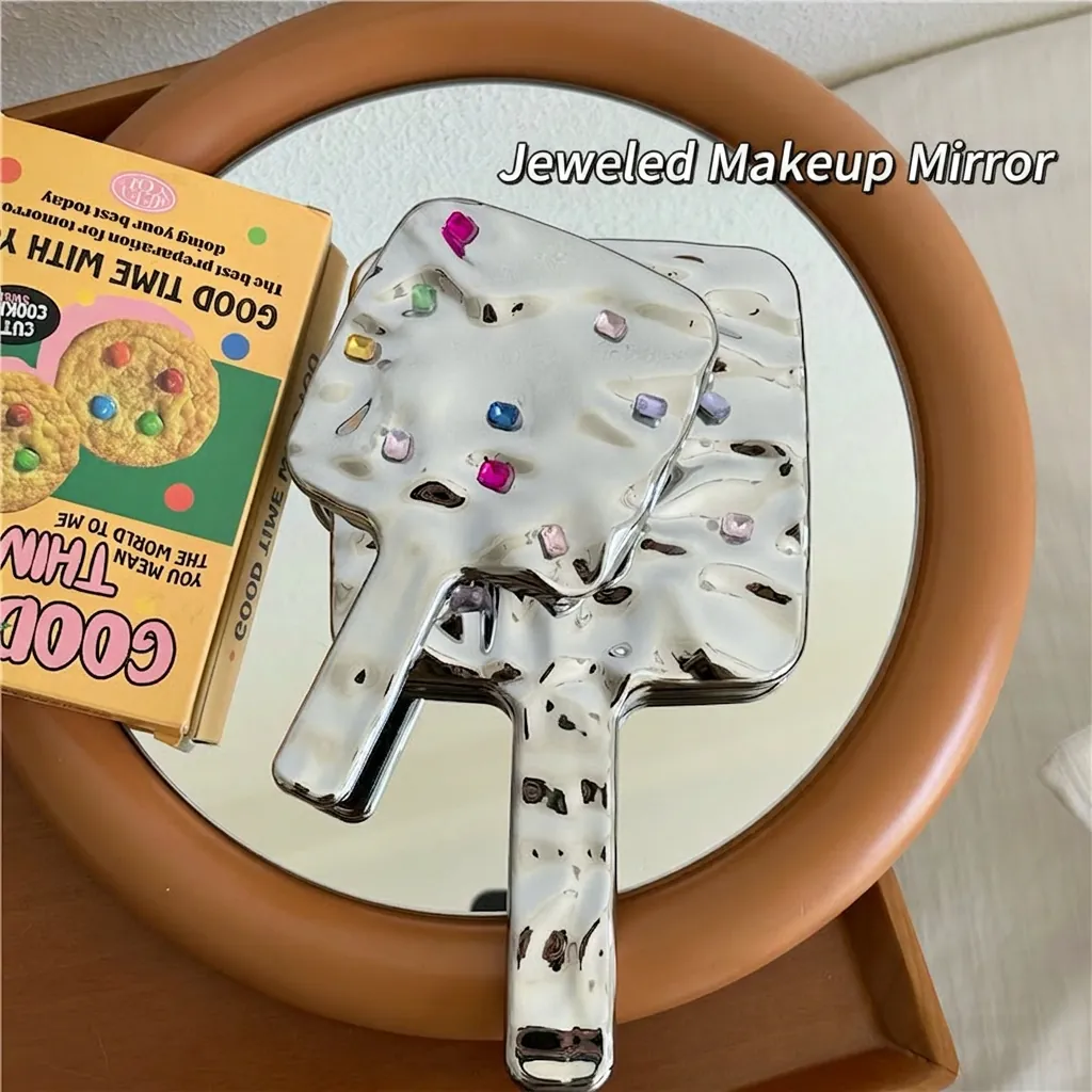 Vintage Handheld Makeup Mirror Silver Wave Texture Frame With Colorful Rhinestones Portable Ins Style Vanity Mirror