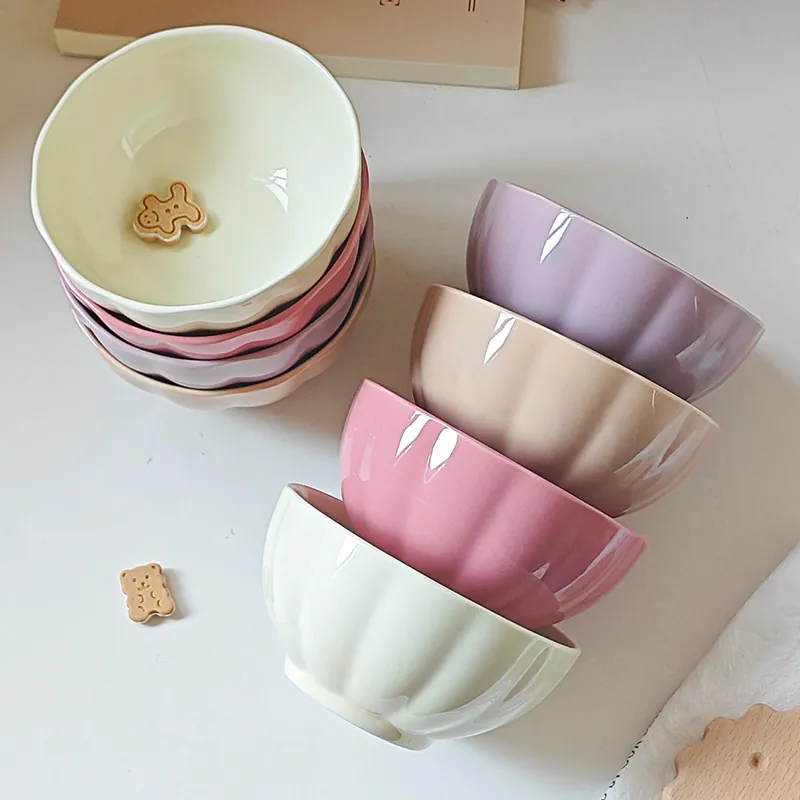 Ceramic Petal Shape Rice Dessert Bowl Underglaze Color Modern Minimalist Ins Style Microwave Safe Tableware