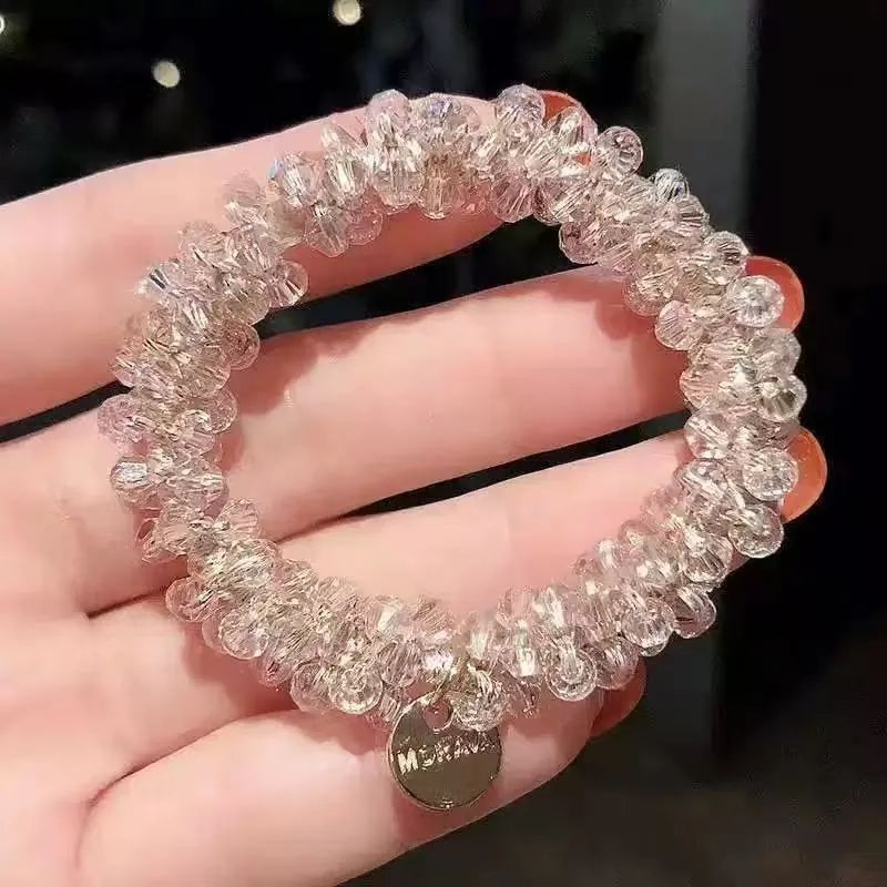 Beaded Hair Tie Elastic Scrunchies Faux Crystal Beads Metal Charm Bracelet Style Elegant Hair Accessories For Women