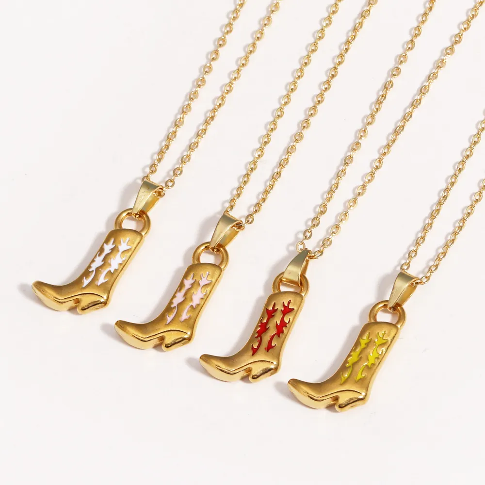 Collier Pendentif Botte De Cowboy Western Acier Inoxydable Émail Motif Bijoux Mode Rétro Pour Femmes Hommes