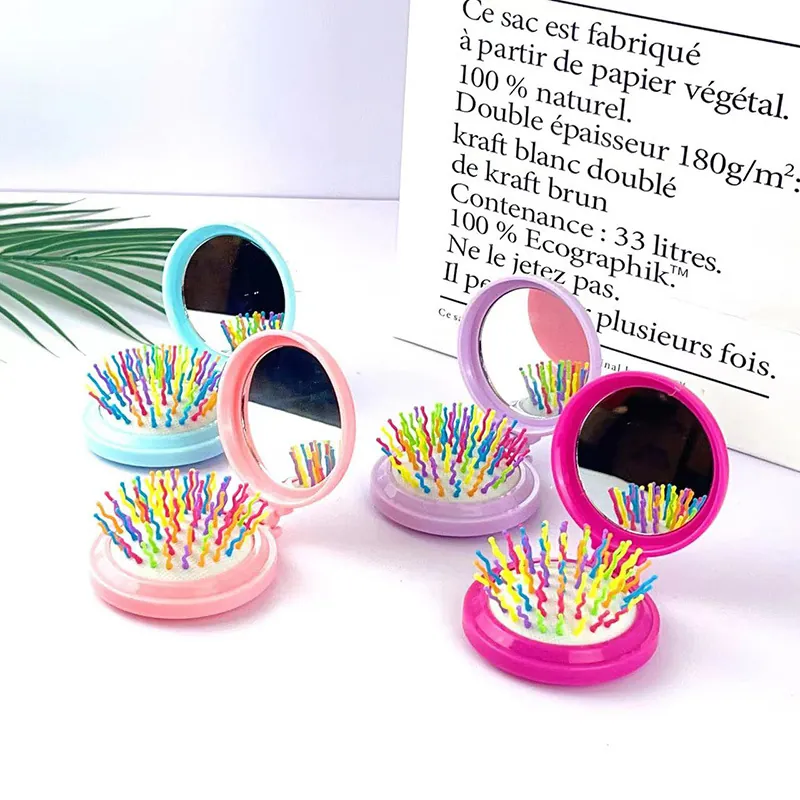 Spazzola Per Capelli Pieghevole Con Specchio Portatile Pettine Da Massaggio A Cuscino D'Aria Denti Ondulati Arcobaleno Mini Spazzola Per Capelli Da Viaggio Per Donne