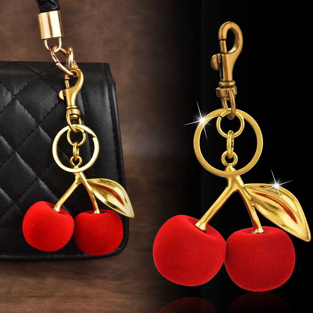 Creative Flocking Cherry Fruit Keychain Pendant For Women Gold Alloy Leaf Velvet Texture Bag Charm Accessory Gift