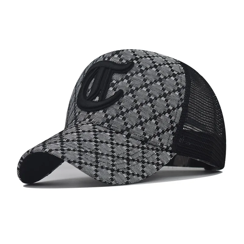 Letter C Plaid Trucker Hat Baseball Cap Mesh Back Adjustable Outdoor Breathable Sporty Retro Washed Style Cotton