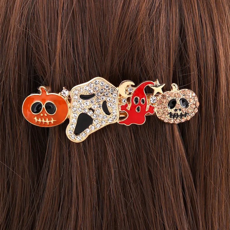 Halloween Hair Clip Alloy Rhinestone Enamel Pumpkin Ghost Skull Bat Skeleton Hand Gothic Spooky Party Headwear For Women