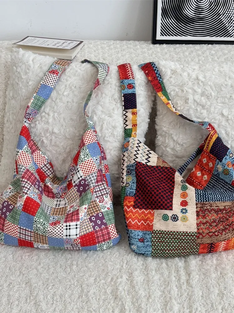 Vintage Ethnic Patchwork Tote Bag Corduroy Large Capacity Shoulder Crossbody Bag Bohemian Style Casual Handbag Women