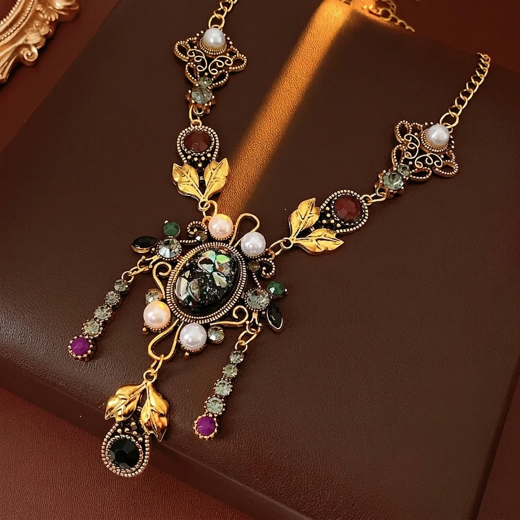 Collier Pendentif Vintage Alliage Résine Coquille Fausse Künstliche Perle Strass Coloré Baroque Style Palais Glands Bijoux Pour Femmes
