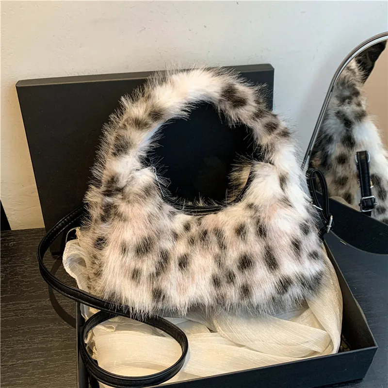 Animal Print Plush Crescent Hobo Bag Faux Fur Shoulder Handbag For Women Fashionable Chic Autumn Winter Styling