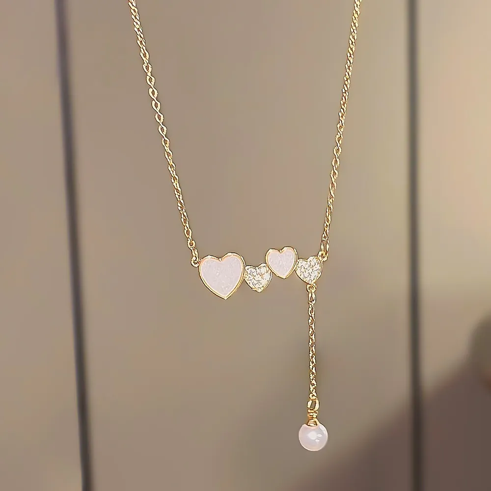 Heart Pendant Necklace Titanium Steel With Faux Artificial Pearl Rhinestone Shell Charms Sweet Elegant Jewelry For Women
