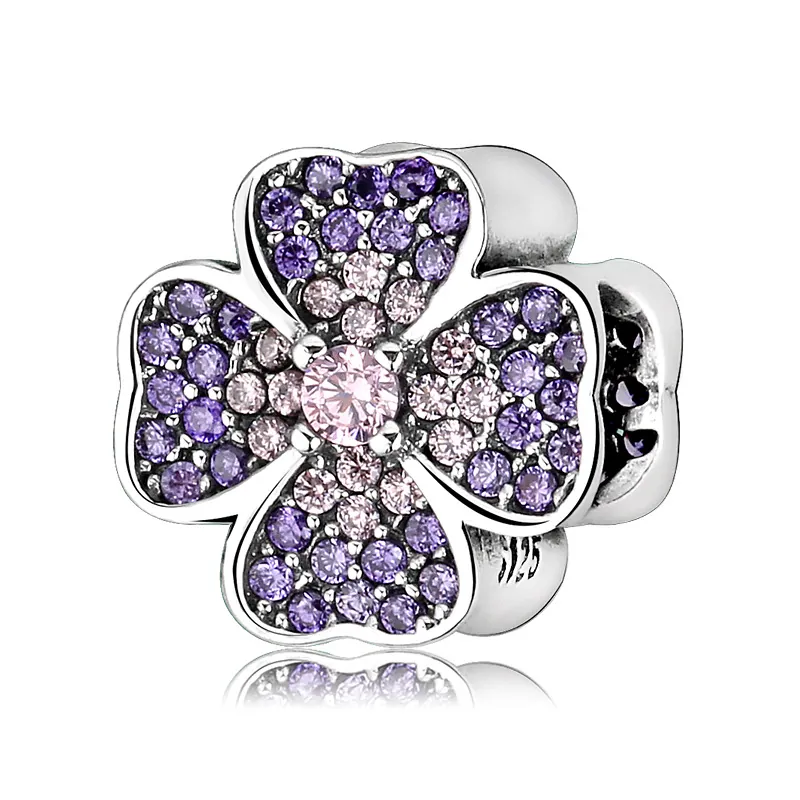 Clover Charm Bead 925 Sterling Silver Sparkling Pink Purple Zirconia DIY Bracelet Accessory For Women Fashion Jewelry