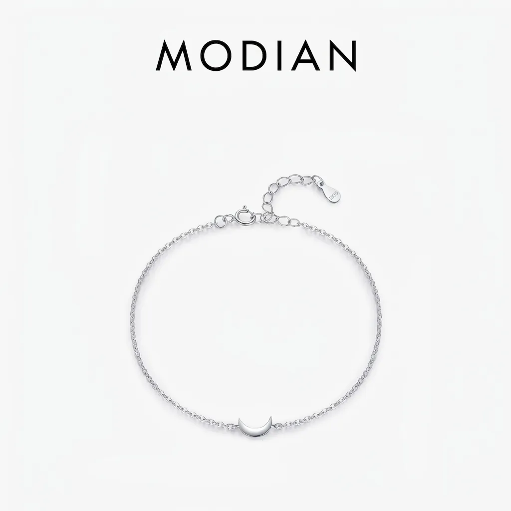 925 Sterling Silver Crescent Moon Bracelet Minimalist Polished Adjustable Chain Jewelry For Women