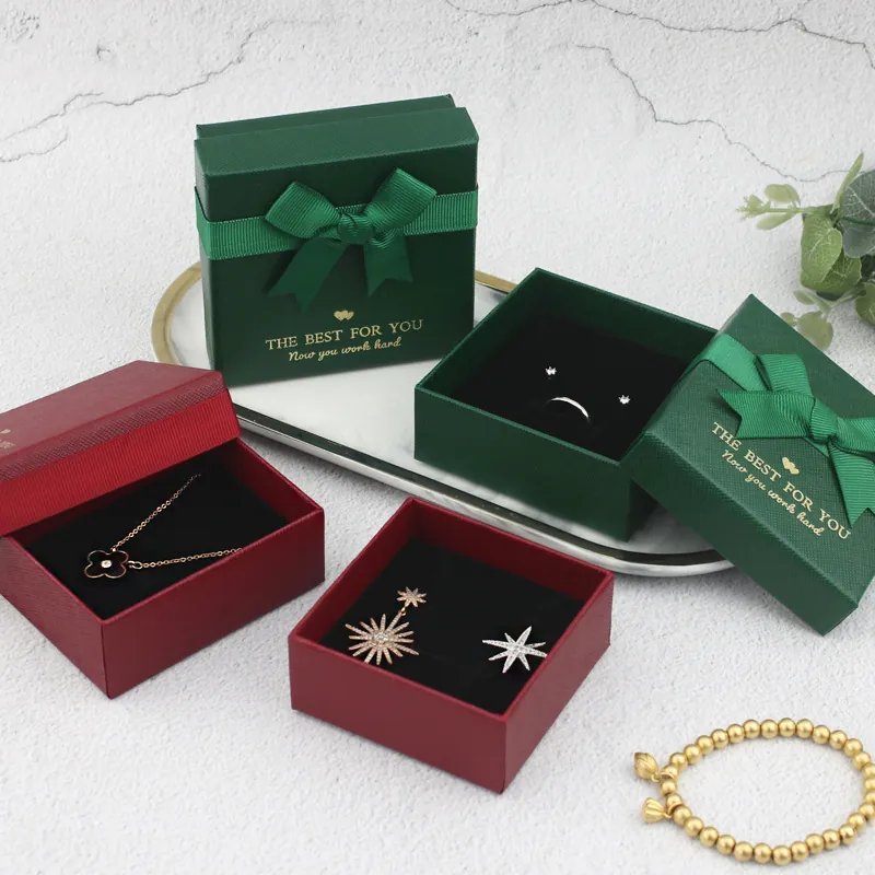 Elegant Ribbon Bowknot Jewelry Gift Box Paper Cardboard Square Storage Organizer Case For Rings Necklaces Bracelets Packaging