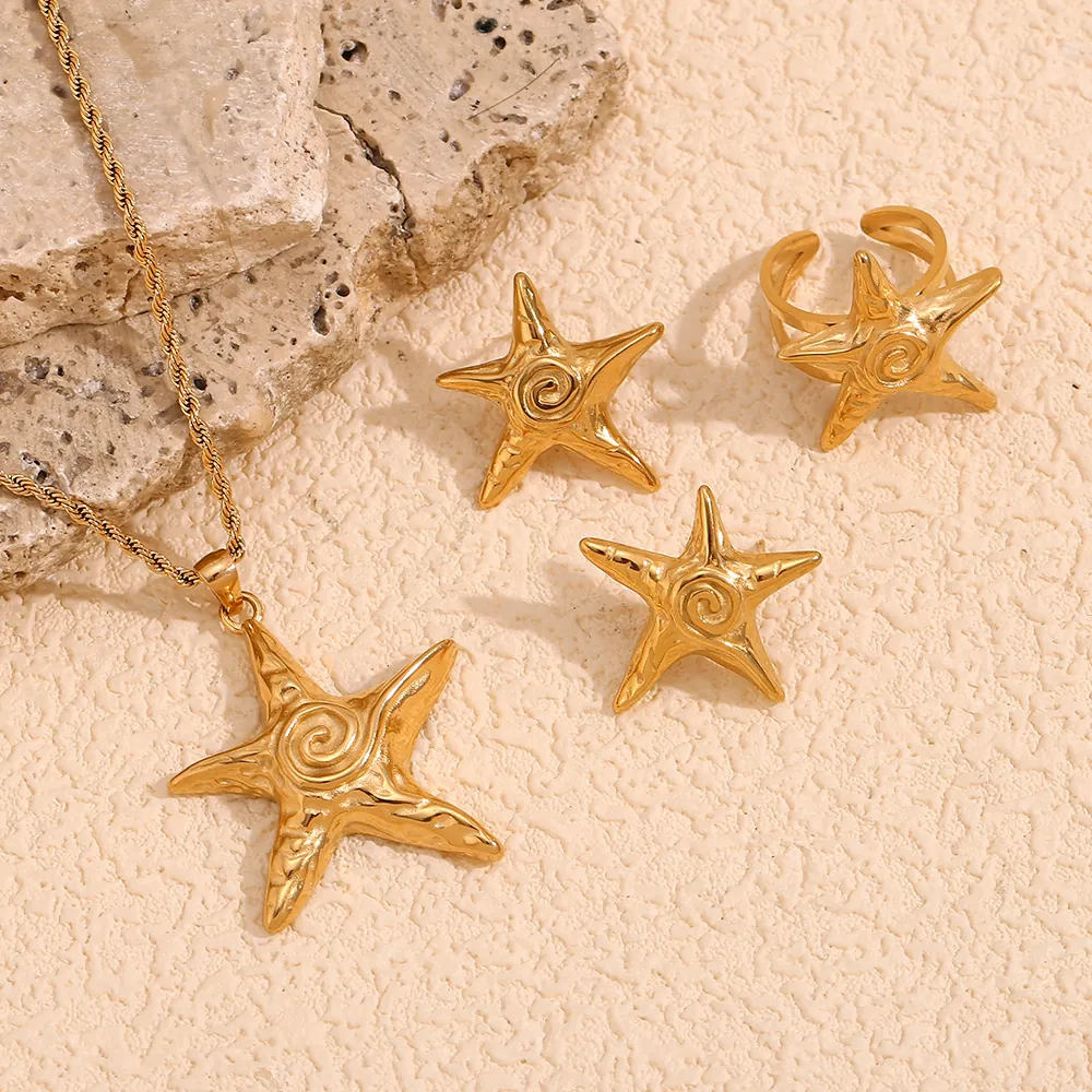 Starfish Necklace Earrings And Open Ring 18K Gold Plated Stainless Steel Hammered Texture Ocean Theme Jewelry For Women